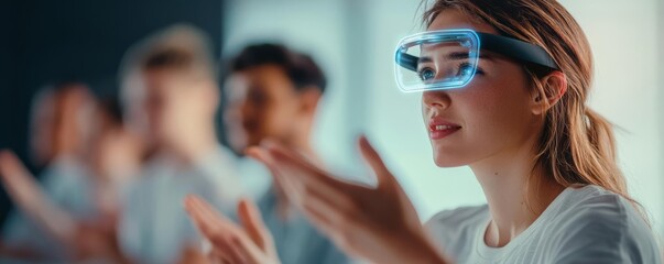 Obraz premium Holographic AI assistant teaching a language to a group of students, holographic AI assistant, language learning