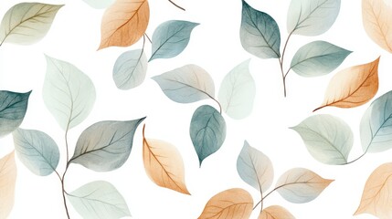 Obraz premium Elegant seamless pattern of green, blue, light brown, and gray watercolor leaves against a simple white background