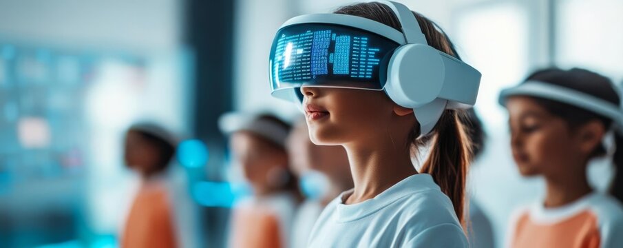 Holographic AI assistant teaching coding to a group of children, holographic AI assistant, programming education