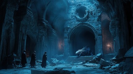 Three Figures Confronting a Dragon in a Ruined Stone Hallway