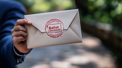 Secure Voting by Mail - Hand Holding Envelope with "Ballot Enclosed" Stamp for Election Mail Voting