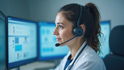 Female doctor working in telemedicine, wearing a headset and focusing on digital patient data