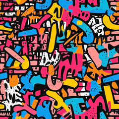 Obraz premium Abstract bright graffiti pattern. With bricks, paint drips, words in graffiti style.