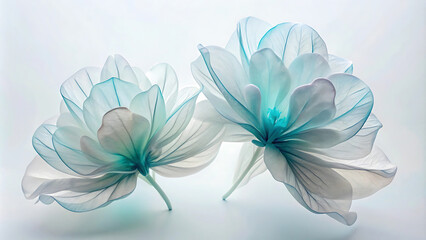 Ethereal Translucent Flowers with Flowing Petals in Soft White and Teal Against a Pristine White Background