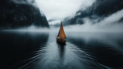 A dramatic scene with a lone sailboat navigating through a foggy fjord, highlighting the mix of isolation and beauty in the natural and contrasting surroundings.