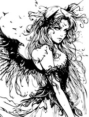 Fototapeta premium Gothic Fairy Coloring Pages Adult & Kids , Grayscale, light grayscale, Instant Download, Printable