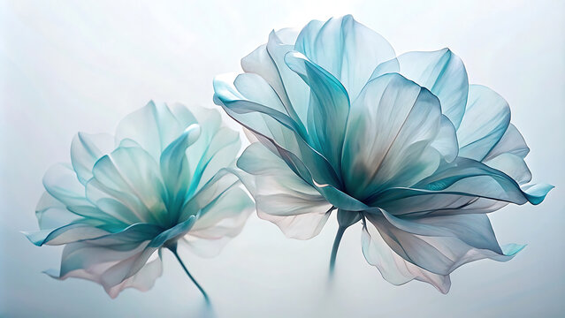 Ethereal Translucent Flowers with Flowing Petals in Soft White and Teal Against a Pristine White Background