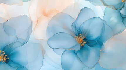 Ethereal watercolor wallpaper with alcohol ink blooms, soft blue pastels, and gold accents glowing through a dreamy prism lens.