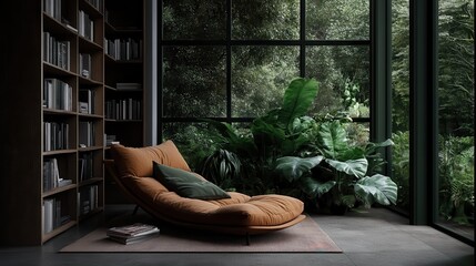 A stylish library lounge with a plush chaise surrounded by lush greenery, floor-to-ceiling windows, and an assortment of books, perfect for quiet reading and relaxation.