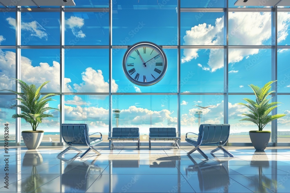 Aufkleber empty airport terminal waiting area with a large clock on the wall and a view of the runway through 