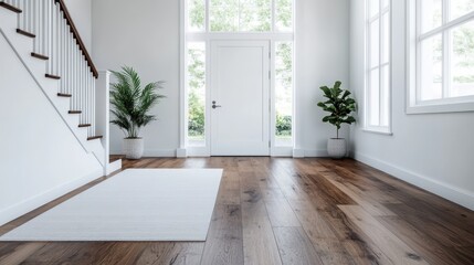 A spacious entryway with a wooden floor and large windows filling the space with natural light and featuring planted décor, exuding a bright and serene atmosphere.