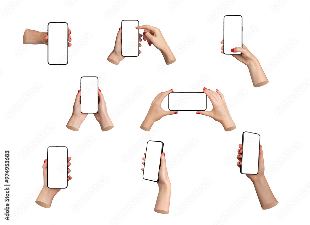 Poster hand holding mobile phone screen mockup, using smartphone display mock up, use cellphone touchscreen