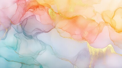 Fototapeta premium Ethereal watercolor wallpaper with flowing alcohol ink and a dreamy prism of soft pastel colors and gold.