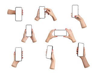 Hand holding mobile phone screen mockup, using smartphone display mock up, use cellphone...