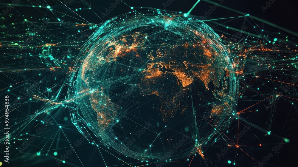Poster Earth Globe Encased in a Network of Interconnected Lines and Dots