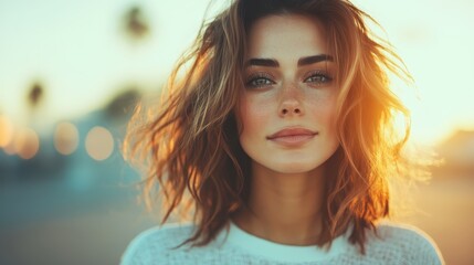 A young woman stands under soft light with naturally windswept hair, exuding a sense of freedom and allure against a blurred scenic backdrop of sunset hues.