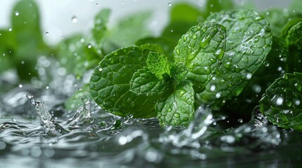 Refreshing Mint Leaves with Water Droplets, Isolated on White Background