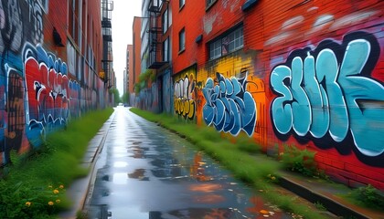 Urban alley adorned with vibrant graffiti, reflecting puddles on the wet pavement, creating a...