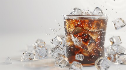 Glass of cold soda with ice cubes, presenting a refreshing, fizzy beverage perfect for cooling down on a hot day.
