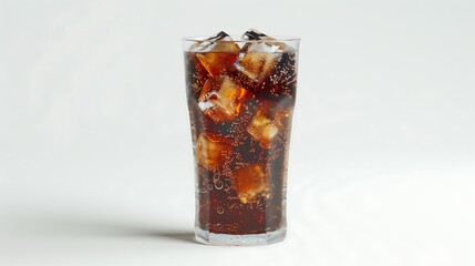 Bubbly soda poured over ice cubes in a glass, offering a refreshing, cool, and thirst-quenching image for a hot day.
