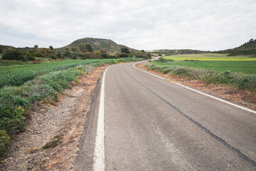 CV-613 paved road through agricultural fields near Valpalmas, comarca of Cinco Villas, province of Zaragoza, Aragon, Spain