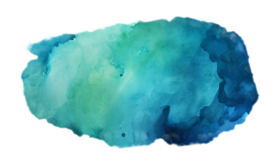 Watercolor shape blends vibrant blues and greens, creating a fluid and abstract design element on a transparent background