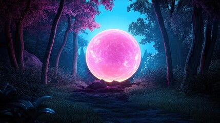 Fototapeta premium A glowing orb casts a kaleidoscope of colors onto a fantastical forest, illuminating hidden pathways.