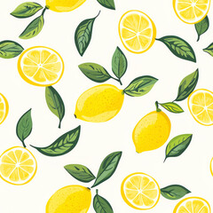 Lemon and leaves pattern background art illustration.