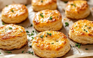 Freshly baked savory cheese biscuits on parchment paper, topped with melted cheese and herbs for a delightful snack