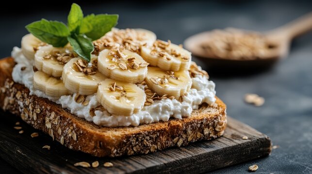 A thick slice of whole grain bread topped with a layer of cottage cheese and freshly sliced bananas, garnished with seeds and herbs, displayed on a wooden board.