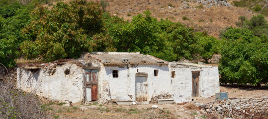 Architecture, old building and abandoned house, property and grunge wall banner in spring. Vintage home, poor and countryside residence outdoor in nature at ghost town by ruins in Israel on landscape