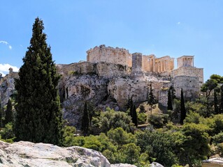 Panoramic view over the Acropolis and the temple of the Parthenon with a tall green cypress tree in the foreground in Athens, Greece, Europe.