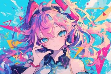Cute anime girl with pink hair and blue eyes listening to music with headphones, colorful abstract background