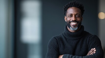 A confident man stands with his arms folded and a bright smile, exuding charisma and self-assurance against a sophisticated, muted background.