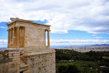 View of the restored Ionic style Temple of Athena Nike, winged goddes of victory on the hill of the...