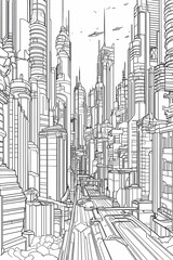cyberpunk city coloring book thick outlines illustration for kids in black and white