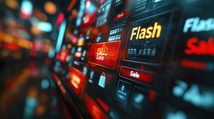 A vibrant digital interface showcasing an urgent flash sale event with countdown timers and bold sale banners, creating a sense of immediacy in online shopping