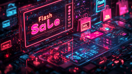 A vibrant digital interface showcasing an urgent flash sale event with countdown timers and bold sale banners, creating a sense of immediacy in online shopping