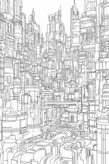 Fototapeta premium cyberpunk city coloring book thick outlines illustration for kids in black and white