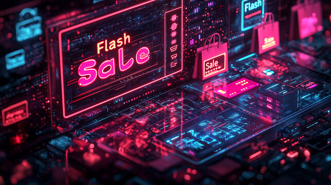 A vibrant digital interface showcasing an urgent flash sale event with countdown timers and bold sale banners, creating a sense of immediacy in online shopping