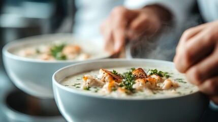 A close-up of two bowls filled with creamy, steaming soup, garnished with fresh herbs and croutons, presenting a heartwarming and comforting meal, perfect for any occasion.