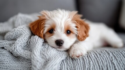 Charming fluffy dog resting comfortably on a gray knitted blanket with its face blurred, capturing a cozy and relaxing moment in a homely setting.