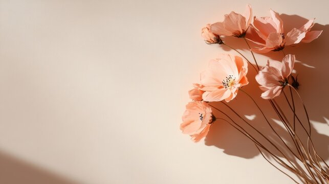 A minimalist arrangement featuring peach flowers laid out on a neutral-colored background. This image highlights the simplicity and elegance of floral art with a modern touch.