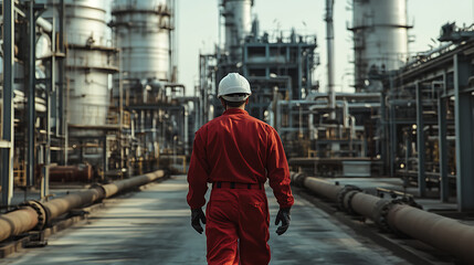 Fototapeta premium A man in a red work and a white helmet walks between 2 industrial tanks behind him, next to gas pipes and machinery of an oil production plant