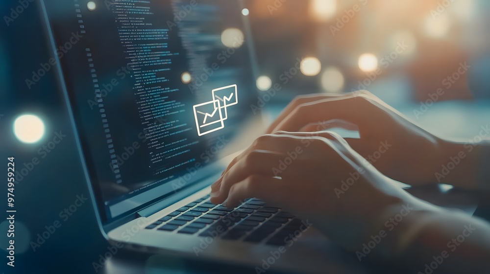 Poster person using laptop with email icon and code on screen