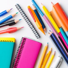 Vibrant Collection of Colorful Pens, Pencils, and Notebooks on Flat Lay Desk