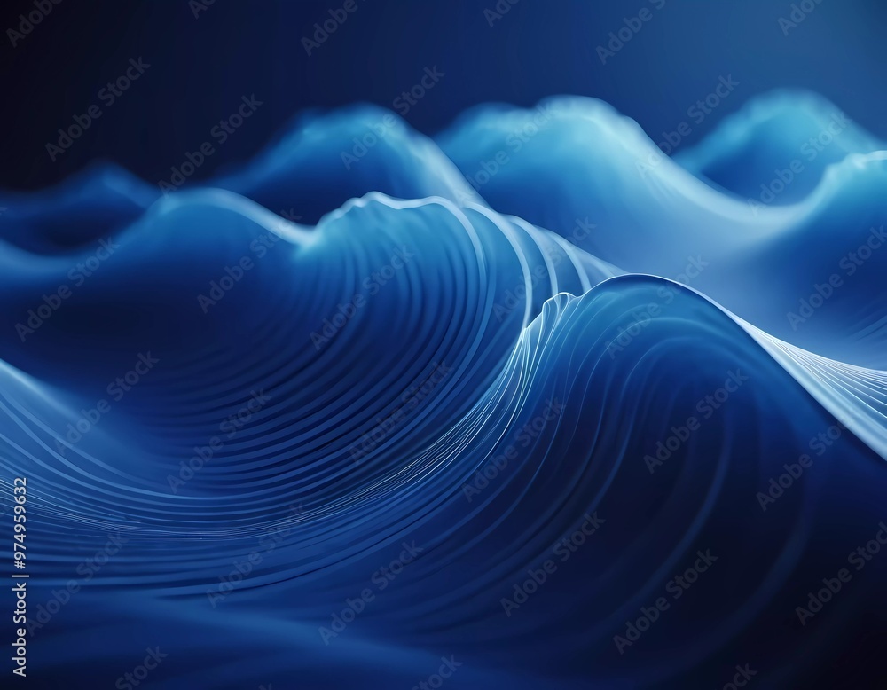 Poster flowing 3d blue waves create an abstract representation of fluid dynamics, evoking calmness and dept