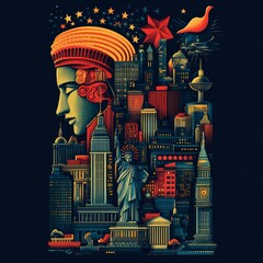 Abstract cityscape featuring iconic landmarks and symbols.