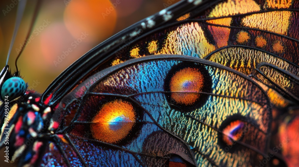 Poster close-up of a butterfly wing with vibrant colors and intricate patterns