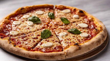 Closeup of a delicious pizza with mozzarella cheese, tomato sauce, and basil.